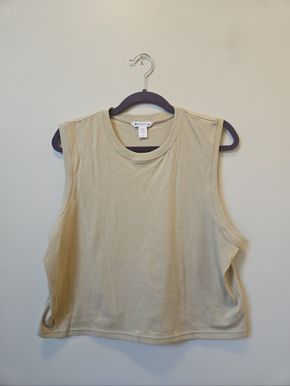 Athleta Women Tan Khaki Sleeveless Swing Style Crew Neck Cropped Tank Top Large